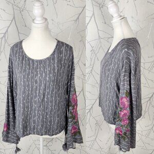 Ariat Gray Stripe Floral Embroidered Bell Sleeve Blouse